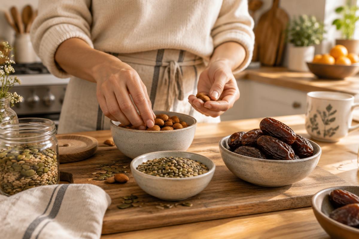 Bowls of almonds, seeds and dates being prepared by hand in a home kitchen